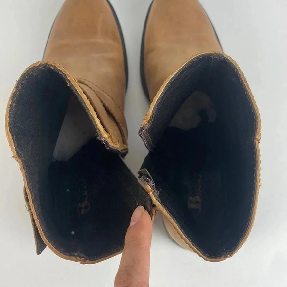 Brown tan genuine leather eyelet buckle low heel round toe ankle bootie sz 36 - Picture 8 of 17